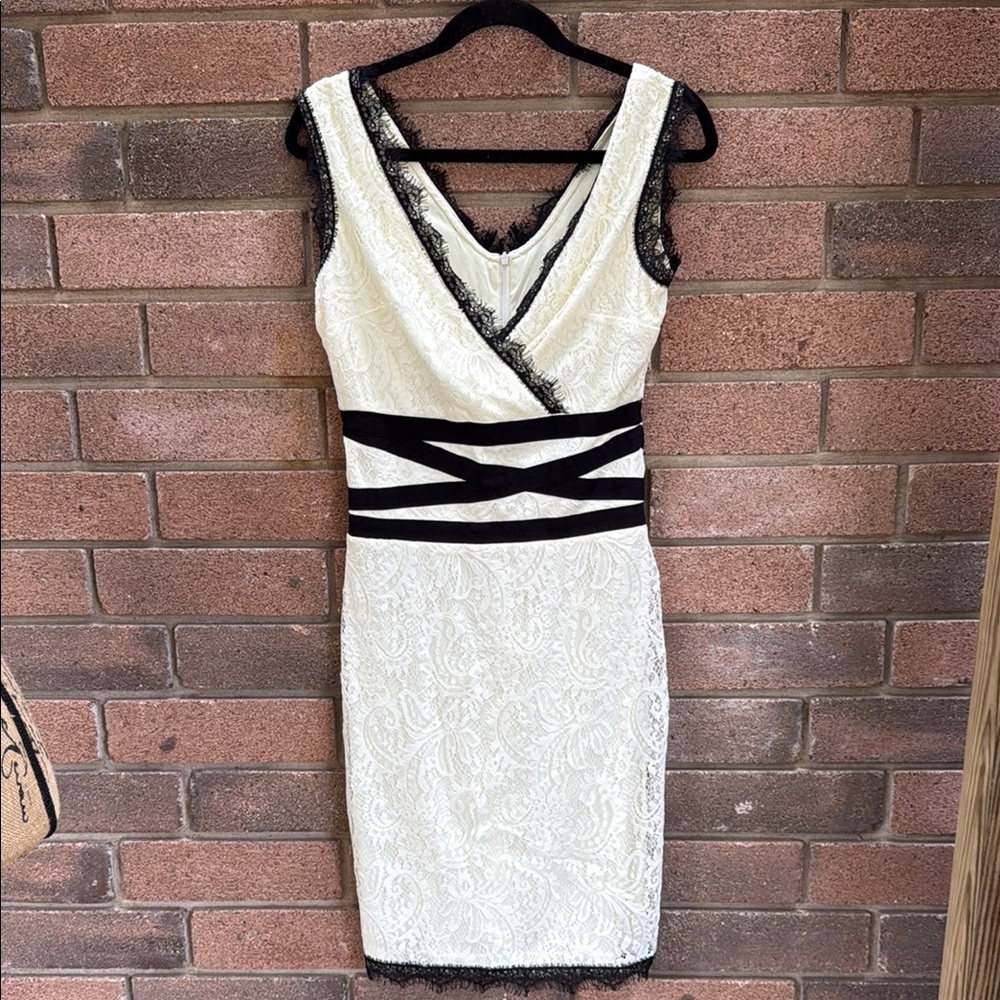 Kimi and Kai Cream Lace Midi Dress with Black Lace Details Size 8